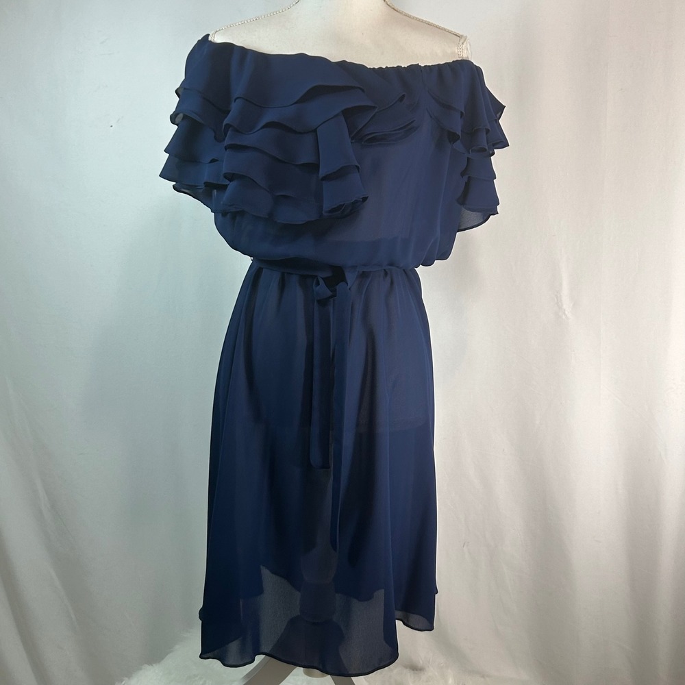 Christine Gallantes Navy Blue Off Shoulder Ruffle Midi Dress Size 10